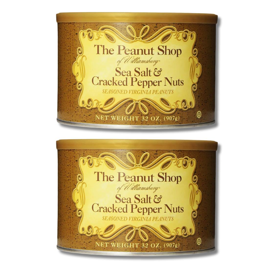 The Peanut Shop of Williamsburg Seasoned Virginia Peanuts, SEA SALT &amp; CRACKED PEPPER - Gift Pack of 2, 32 oz. Tins By Lyza&#39;s Sweets &amp; Treats