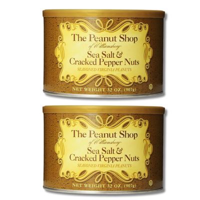 The Peanut Shop of Williamsburg Seasoned Virginia Peanuts, SEA SALT &amp; CRACKED PEPPER - Gift Pack of 2, 32 oz. Tins By Lyza&#39;s Sweets &amp; Treats