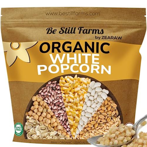Be Still Farms White Organic Popcorn Kernels Hulless Uncooked 2.8lb - Corn Ideal for Popping - Healthy Microwave Snacks Great for Movie Night - USA Grown  Vegan  Non-GMO  USDA Certified