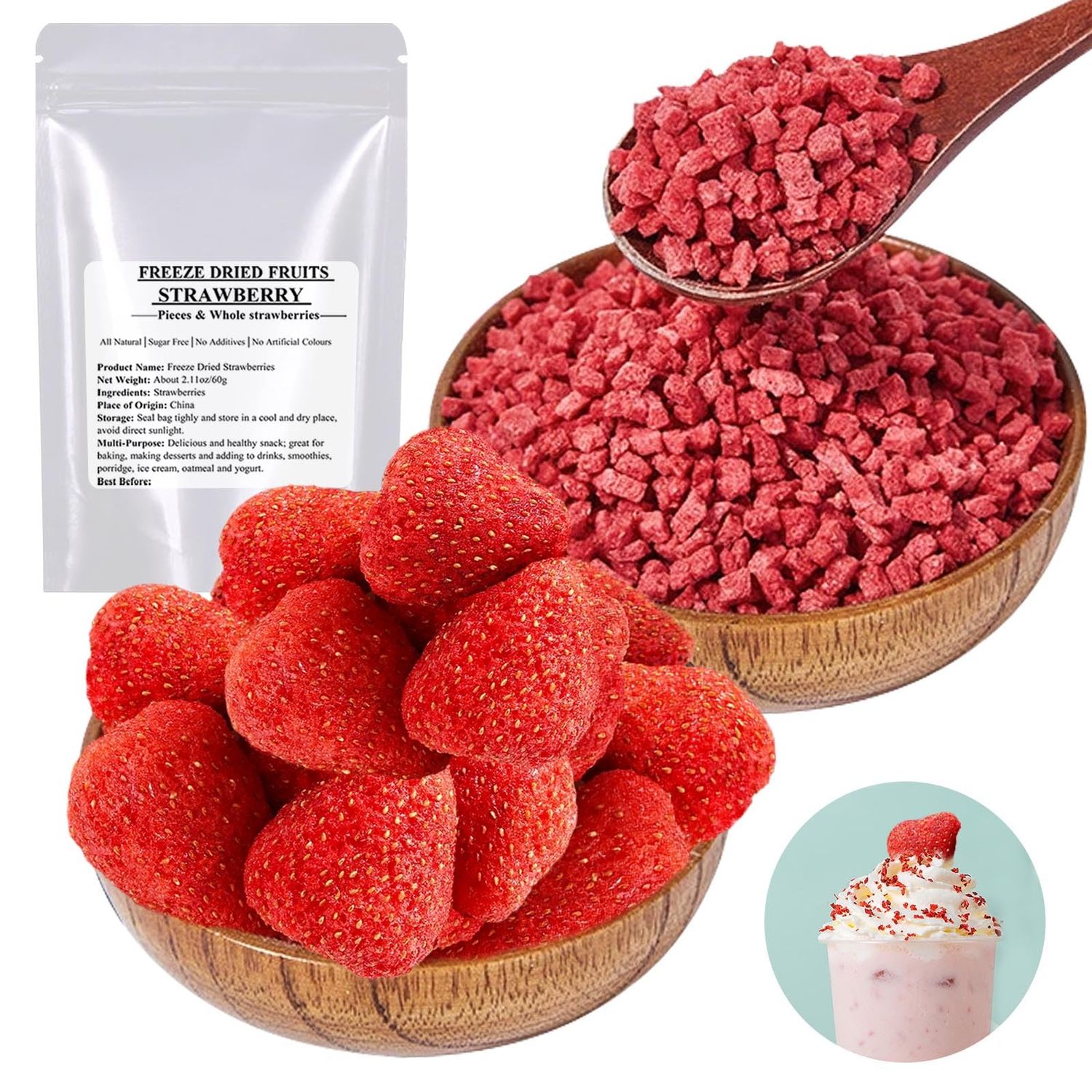 KWOLYKIM Freeze Dried Fruit Strawberry Slices and Pieces (Pack of 2) Orangic Dehydrated Strawberry Fruits Frozen Dried Fruit Snack, Gluten Free &amp; Vegan Snack (Strawberry 2.11oz)