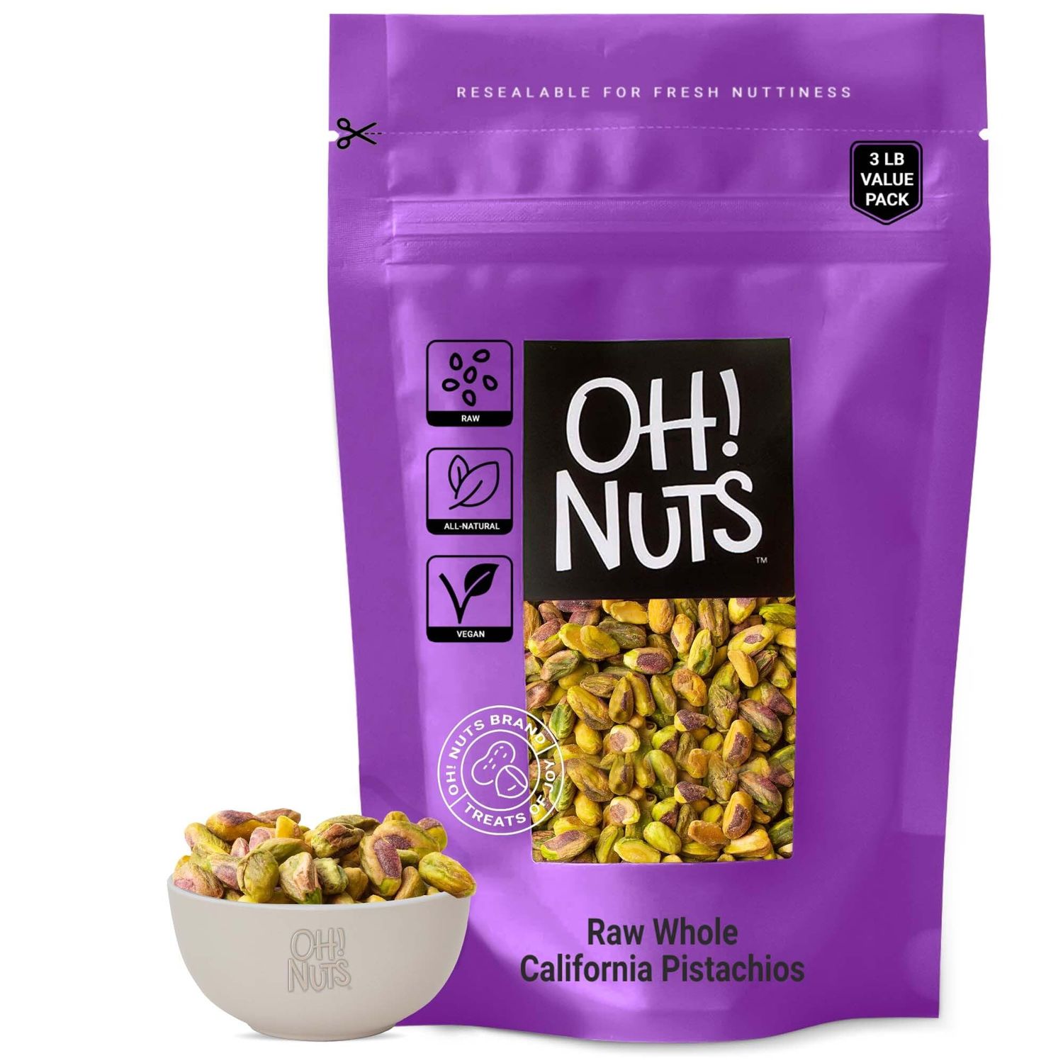 Pistachios No Shell  Raw - 100% Natural  3 lb  Raw Whole California Pistachios  Packed in New York Zip-Seal Bag for Exceptional Freshness by Oh Nuts