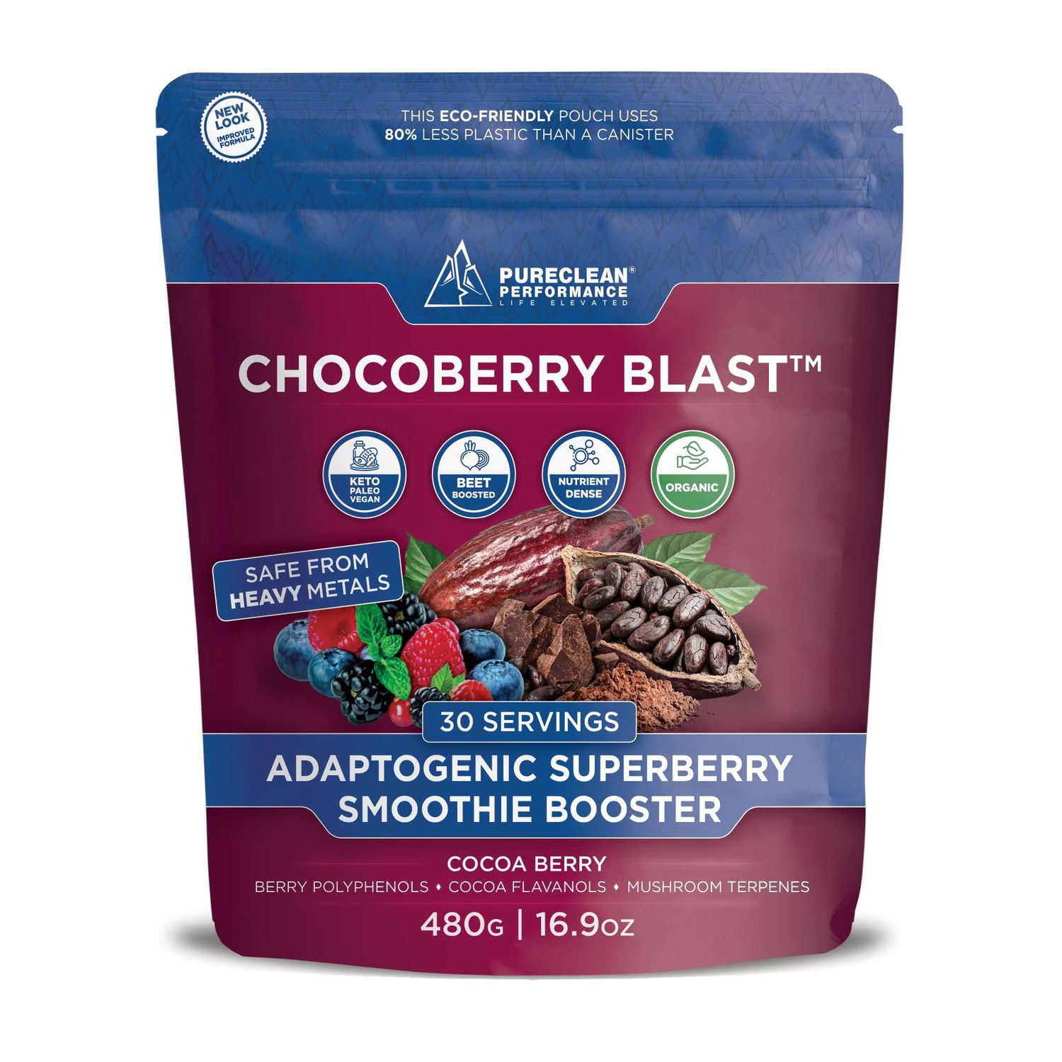 ChocoBerry Blast Superfood Powder - Adaptogenic SuperBerry Smoothie Booster with Beet Juice, Mushrooms, &amp; Polyphenols - Enhances Recovery, Energy, Gut Health, Immunity &amp; Nutrition - Chocolate (480g)