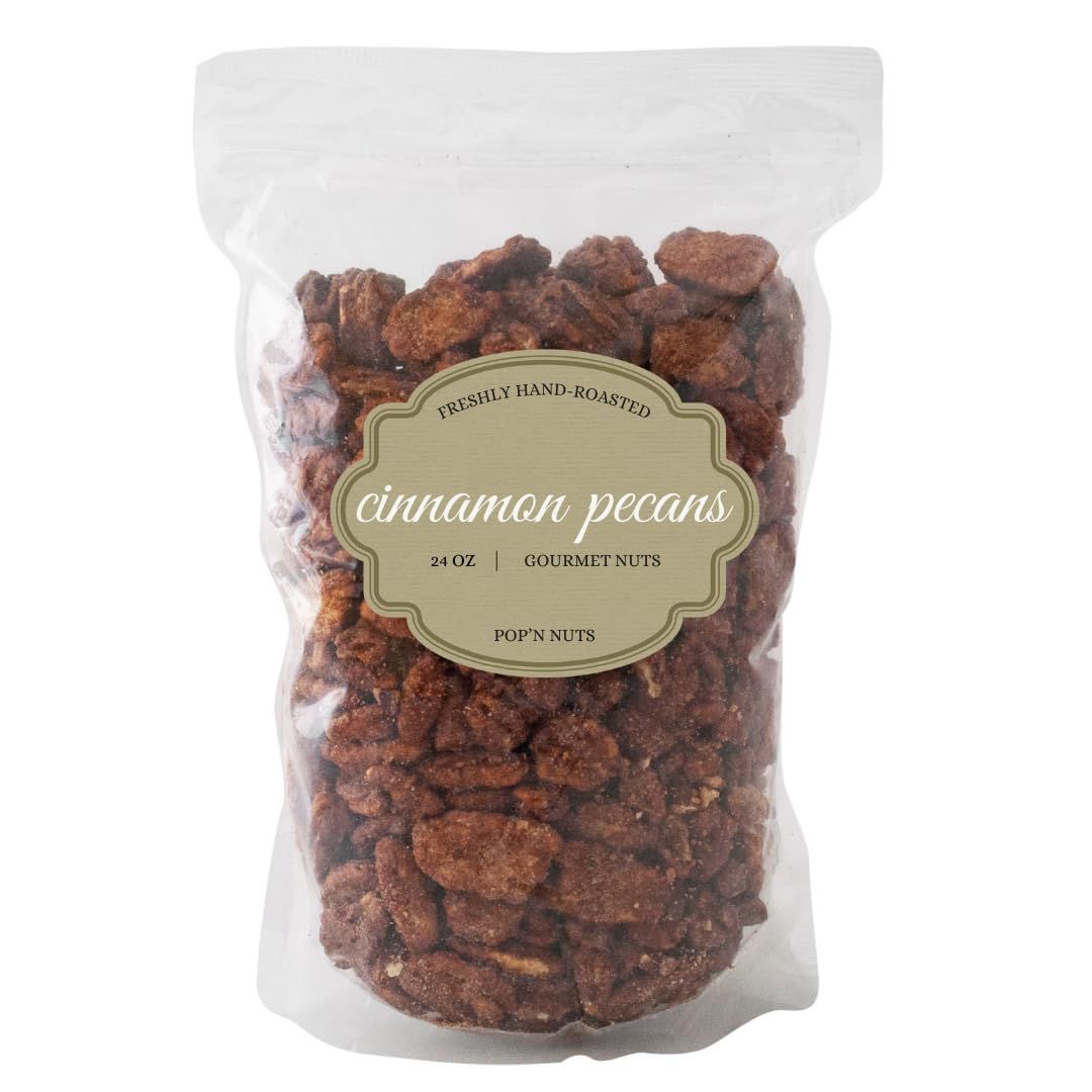 Cinnamon Roasted Pecans 24 oz (1.50 lb) - Candied Pecan Glazed with Cinnamon to Satisfy Any Sweet Tooth - Artisan Hand-Roasted Sweet Nuts by PopN Nuts