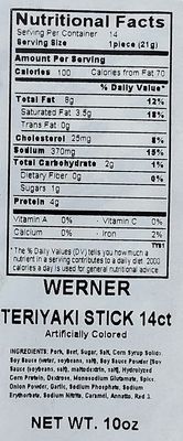 Werner Teriyaki Meat Sticks - 14 Count Bulk Meat Sticks, 10 Ounce Resealable Bag