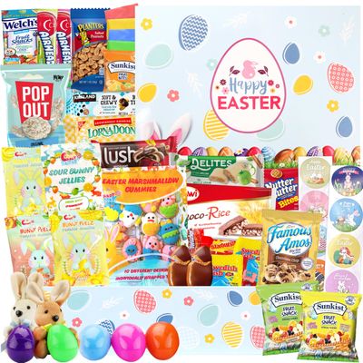 Easter Snack Blue Box (62 Count) Filled with Snacks, Candy, Peelable Gummies, Marshmallow Gummies and More, Great Package for Family, Friends, Boys and Girls