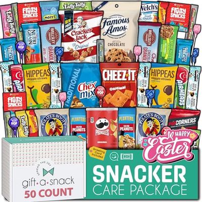 Gift A Snack - Easter Snack Box Variety Pack Care Package  Greeting Card (50 Count) Birthday Sweet Treats Gift Basket, Candies Chips Crackers Bars