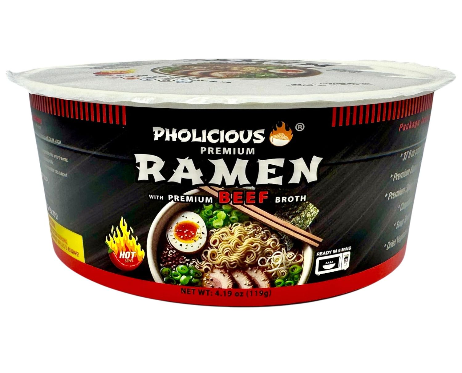 PhoLicious All New Spicy Beef Ramen Noodles - Premium Instant Ramen Bowl with Real Broth Mix with Spices, Asian Food, Microwave Cup for Lunch, Meals &amp; Snacks - Beef Flavor (4 Pack)