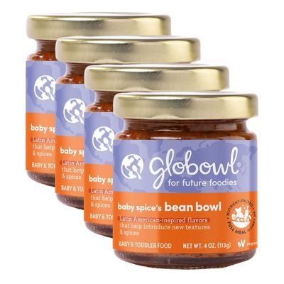 Globowl Stage 3 Baby Food &amp; Toddler Meals, 6 Months Early Allergen Introduction, Baby Led Weaning, International Whole Food Snacks for Toddlers, Babies, 4oz Glass Jar, Baby Spice&#39;s Bean Bowl, 4-Pack