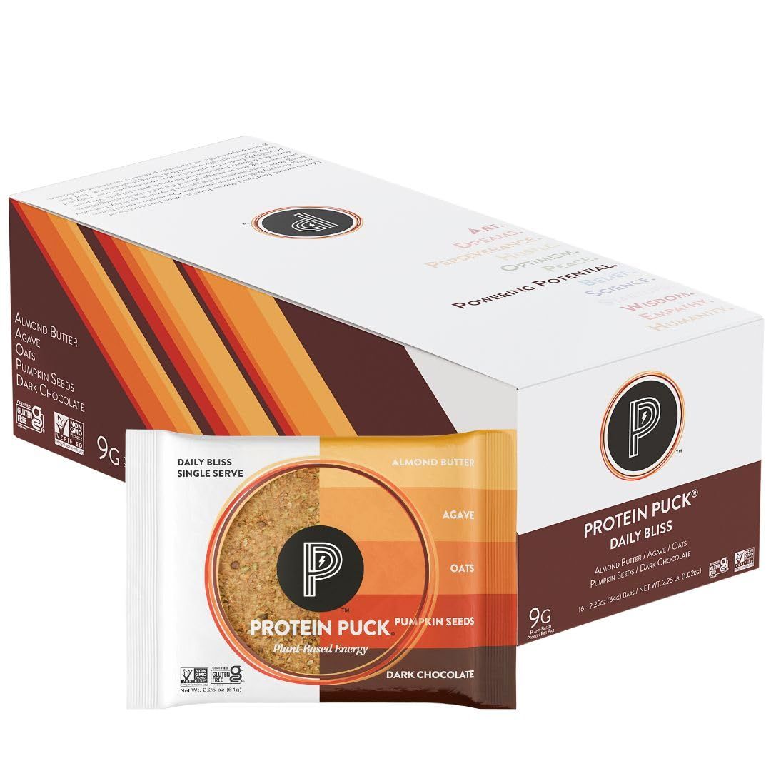Protein Puck Plant Based Bars  Snacks with Vegan Protein  16 Count  2.25 oz Single Serve  Gluten Free, Non Dairy, Kosher Certified Non GMO Premium Healthy Bars  Daily Bliss