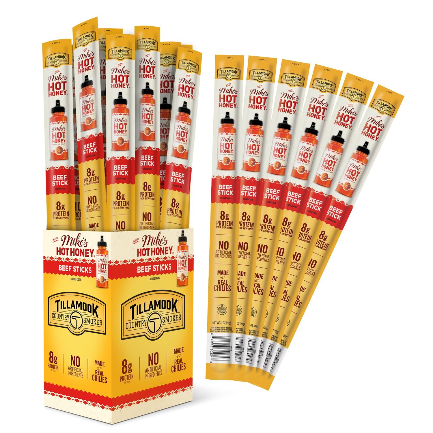 Tillamook Country Smoker Beef Sticks, Mike&#39;s Hot Honey, 1 Ounce (24 Sticks) Real Hardwood Smoked Sausages, Low Carb, High Protein, Individually Wrapped, Ready to Eat Sweet &amp; Spicy Snack