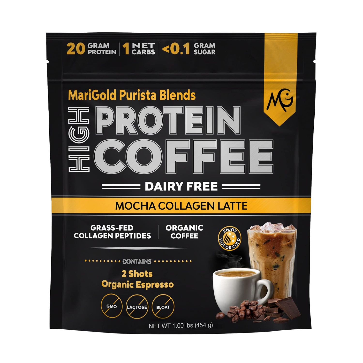 MariGold High Protein Collagen Coffee - Mocha Collagen Latte, Dairy Free, 20g Grass-Fed Type I &amp; III Collagen Peptides, Energy Boost, 2 Shots Organic Espresso, Non-GMO, 1 Lb Bag, 15 Servings