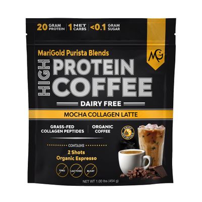 MariGold High Protein Collagen Coffee - Mocha Collagen Latte, Dairy Free, 20g Grass-Fed Type I &amp; III Collagen Peptides, Energy Boost, 2 Shots Organic Espresso, Non-GMO, 1 Lb Bag, 15 Servings