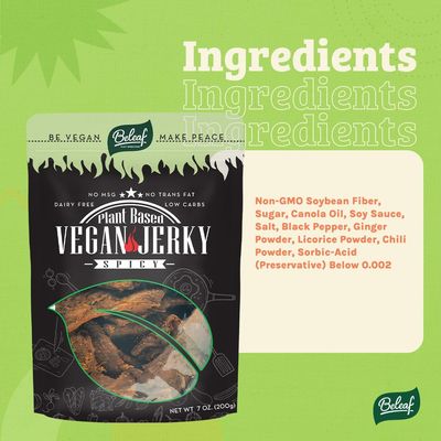 Beleaf Spicy Plant-Based Jerky Delicious Meat Substitute Low Carb, Non-GMO, Dairy Free, Plant Protein Natural Ingredients Spicy Healthy Snack 7oz