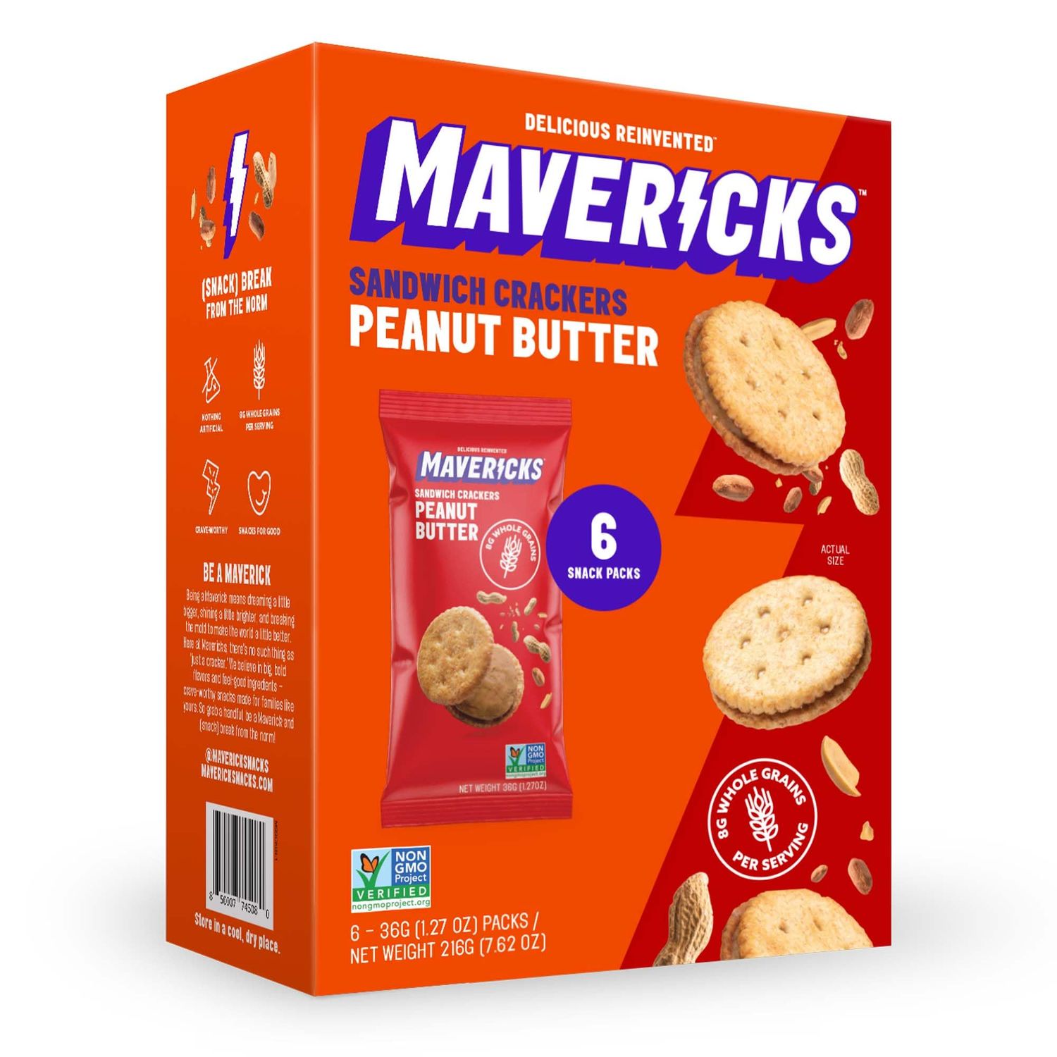 Mavericks Sandwich Crackers Peanut Butter - Peanut Butter Crackers, Snack Crackers, Sandwich Cracker Snack Packs, Whole Grain, Non-GMO - 1 Box (6 Snack Packs)