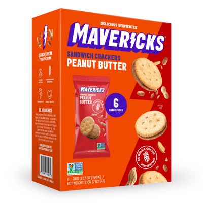 Mavericks Sandwich Crackers Peanut Butter - Peanut Butter Crackers, Snack Crackers, Sandwich Cracker Snack Packs, Whole Grain, Non-GMO - 1 Box (6 Snack Packs)