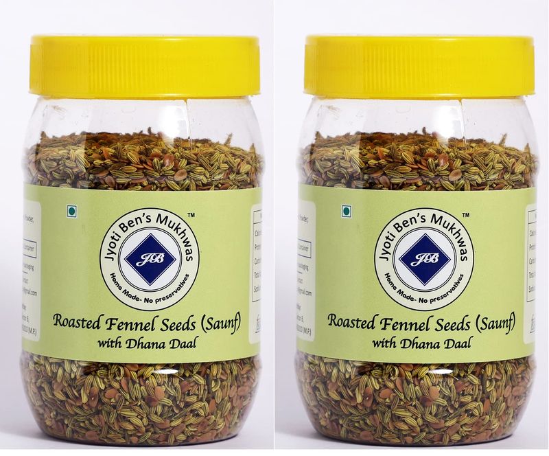 Jyoti Ben's Mukhwas - Roasted Fennel Seeds (Saunf) with Dhana Daal - Pack of 2 Premium MukhwasDigestive Mouth Freshener  After-meal snacks  100% Natural  No Colour  No Sweetner No Preservative