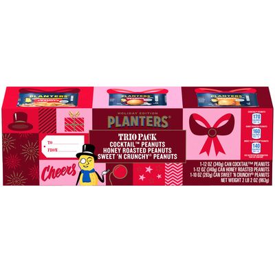 PLANTERS Peanuts Holiday Trio Pack - Snacks Variety Pack for Adults with Sweet n Crunchy, Honey Roasted, and Cocktail Peanuts (3 Count Canisters)