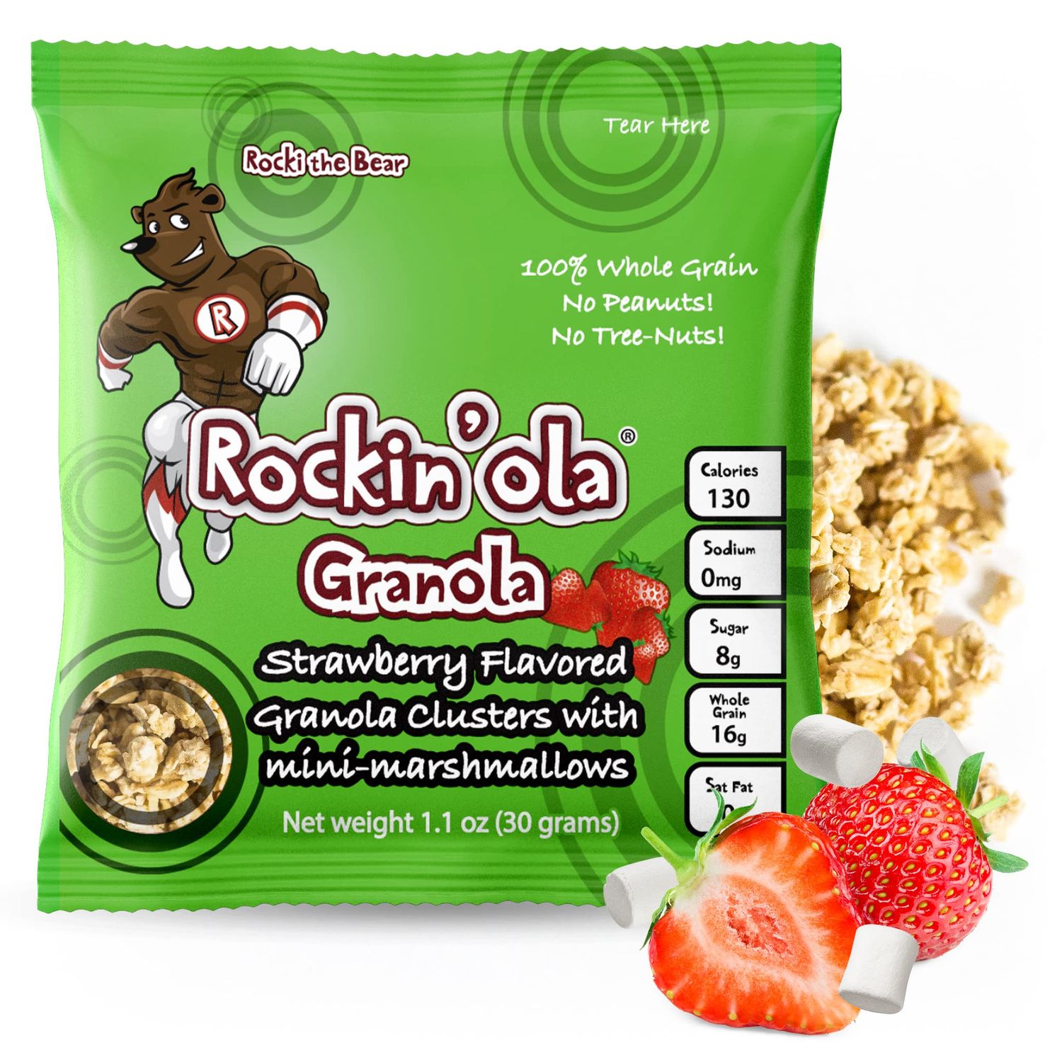 Rockin&#39;Ola Granola Clusters, Quick Breakfast Snack, Allergen Free, No Artificial Flavors, Colors or Preservatives, On-The-Go Healthy Snack Packets (25 Count, Strawberry w/Marshmallows)
