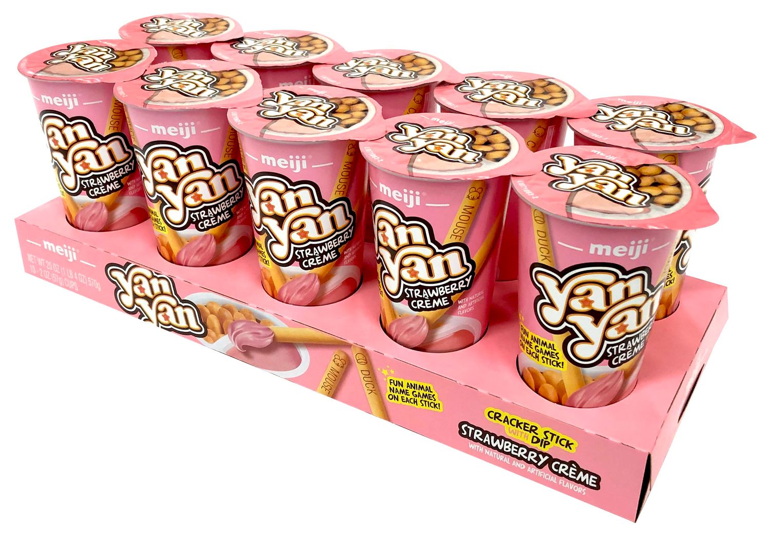 MEIJI Yan Yan Dipping Sticks, Strawberry Crme - 2 oz, Pack of 10 - Cracker Sticks with Fun Animals Phrases