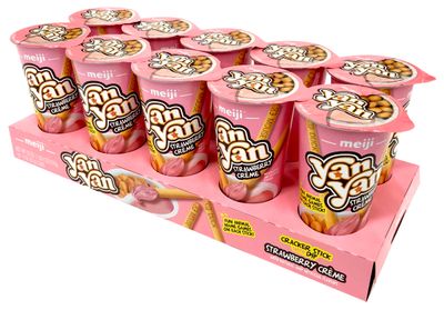 MEIJI Yan Yan Dipping Sticks, Strawberry Crme - 2 oz, Pack of 10 - Cracker Sticks with Fun Animals Phrases