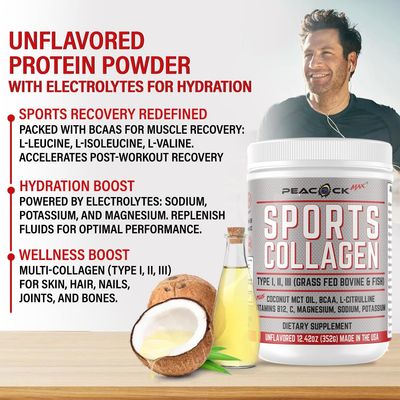Peacock Max Sports Collagen Powder, 12.42 oz, Pack of 2 - Grass Fed Bovine & Wild Fish Hydrolyzed Type I, II, III Multi Collagen Peptides, Unflavored Protein Powder with BCAA, Magnesium & Electrolytes