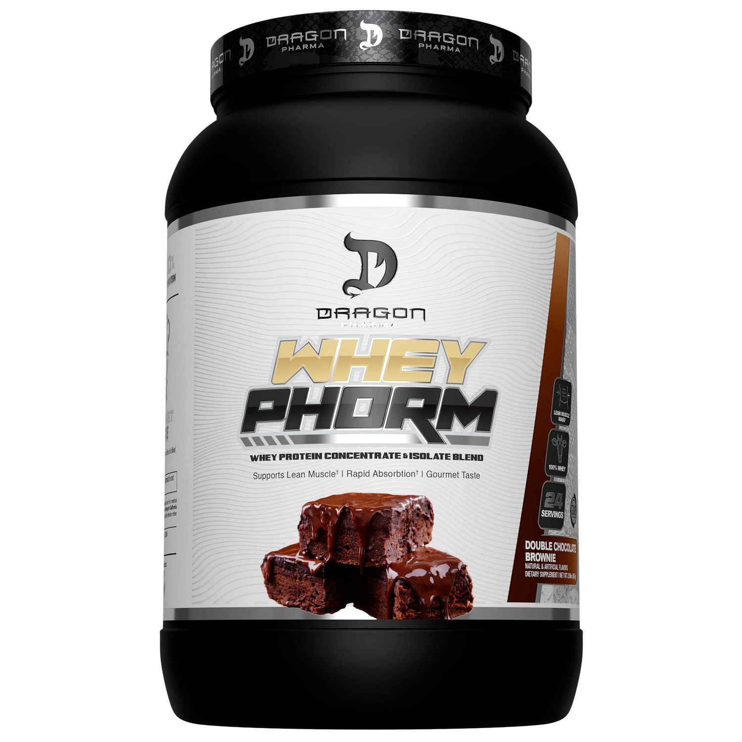 DRAGON PHARMA Whey Protein Blend, Fast Absorption, Gluten Free, 100% Whey Protein, WheyPhorm, Maximize Recovery, Great Tasting, 25 Grams of Protein (24 Servings, Double Chocolate Brownie)