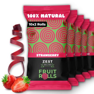 Fruit Rolls by Zest Delites, 100% Natural Healthy Fruit Snacks for Kids &amp; Adults, Made from Real Strawberry Leather, Vegan, School Lunch Snack, A Twist on Strawberry Strips, 10 Packs