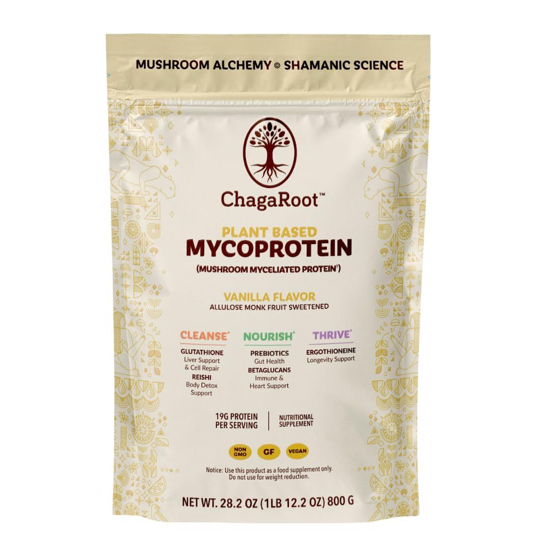ChagaRoot Mycoprotein Mushroom Protein Powder - Vegan Protein, Plant Based, Superfood, Master Blend of Chaga, Reishi, Turkey Tail, Shiitake, Lions Mane - Vanilla (1.76 lb)