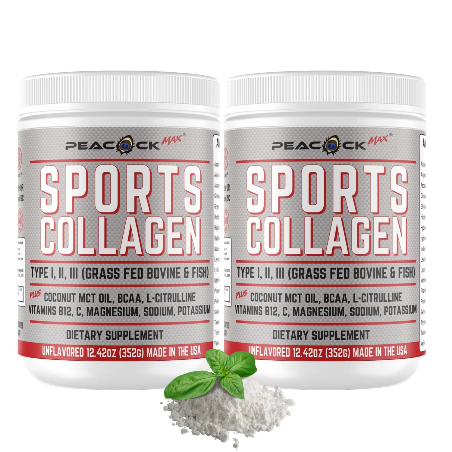 Peacock Max Sports Collagen Powder, 12.42 oz, Pack of 2 - Grass Fed Bovine &amp; Wild Fish Hydrolyzed Type I, II, III Multi Collagen Peptides, Unflavored Protein Powder with BCAA, Magnesium &amp; Electrolytes