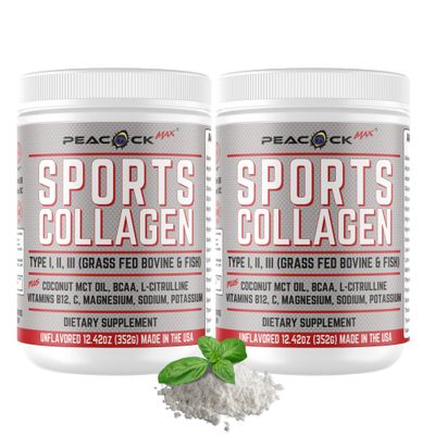 Peacock Max Sports Collagen Powder, 12.42 oz, Pack of 2 - Grass Fed Bovine &amp; Wild Fish Hydrolyzed Type I, II, III Multi Collagen Peptides, Unflavored Protein Powder with BCAA, Magnesium &amp; Electrolytes