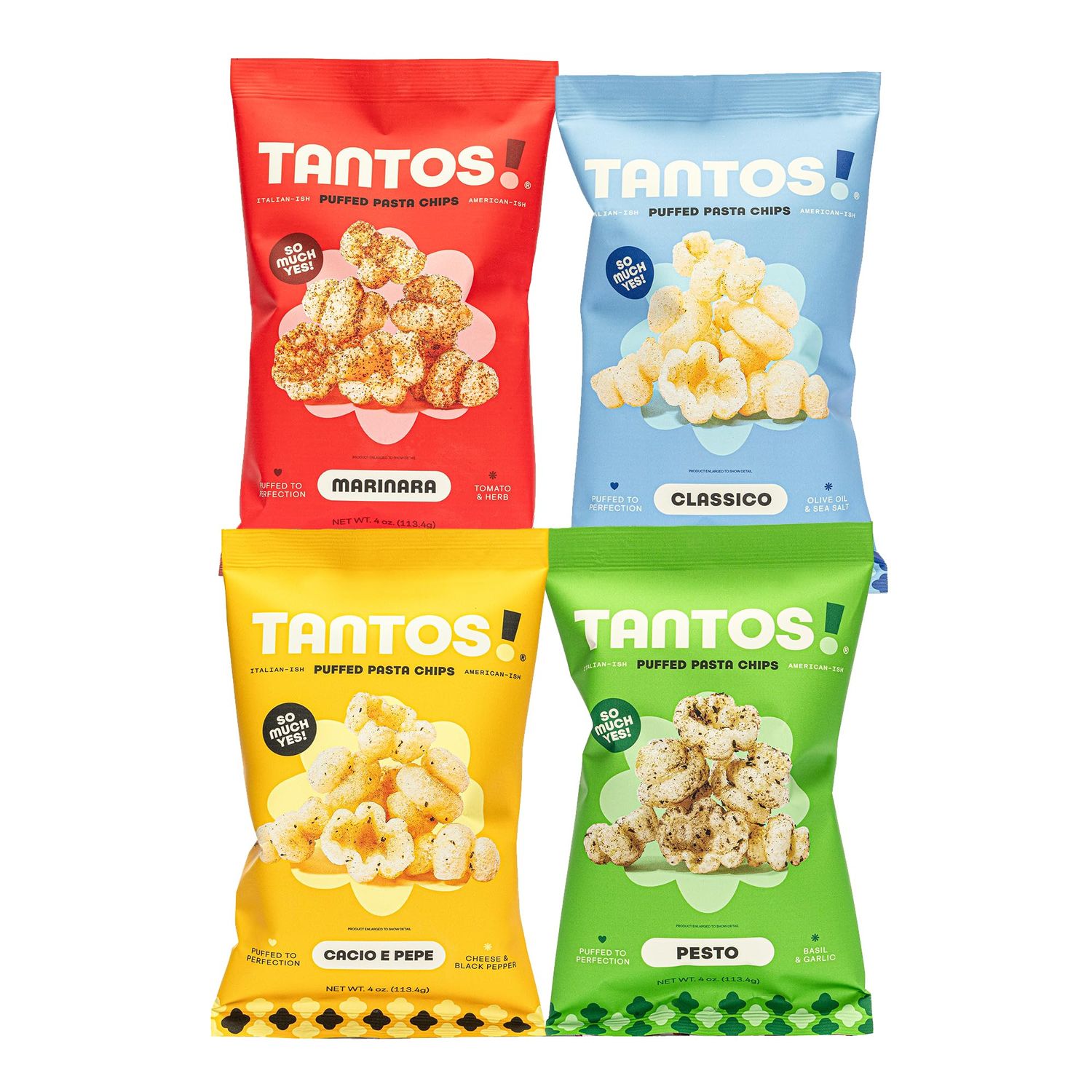 Tantos! Puffed Pasta Chips Variety Pack - Gourmet Italian Snacks - 4 oz Bags (12 Pack) - Pizzeria Style Chips with Marinara, Pesto, Cacio e Pepe, Classico - Chef Created Office &amp; Kids Lunch Snacks