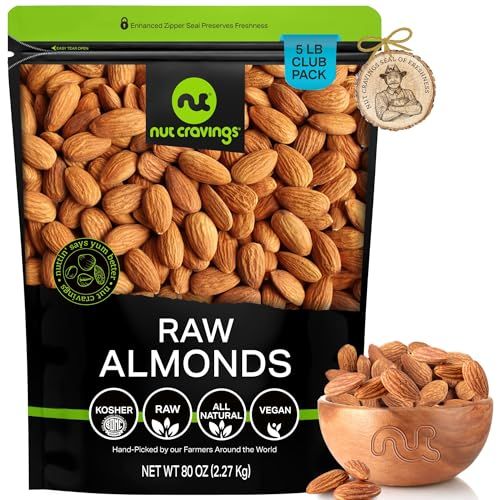 NUT CRAVINGS - Raw Whole Almonds, Unsalted, Shelled, (80oz - 5 LB) Bulk Nuts Packed Fresh in Resealable Bag - Kosher Healthy Snack, Natural Keto Vegan - Ideal for Trail Mixed Nuts