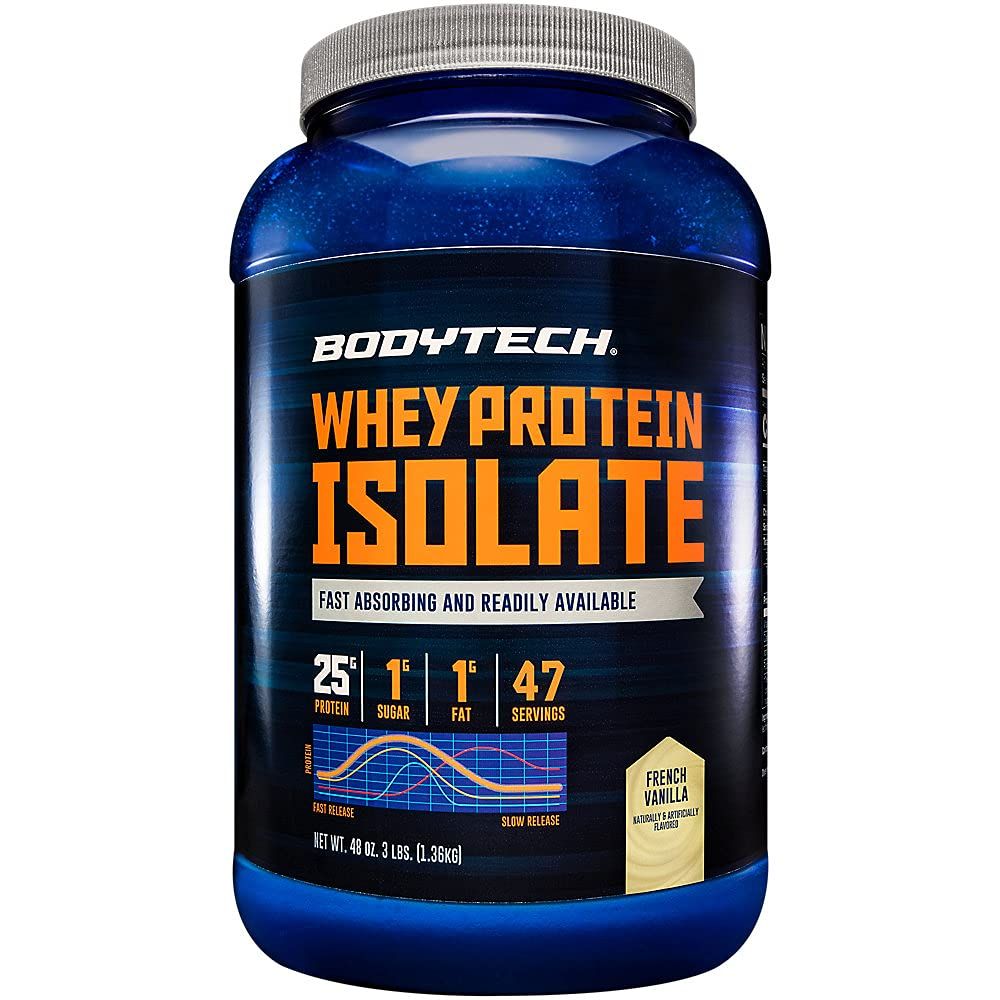 BodyTech Whey Protein Isolate Powder - with 25 Grams of Protein per Serving &amp; BCAA&#39;s - Ideal for Post-Workout Muscle Building &amp; Growth, Contains Milk &amp; Soy - Vanilla (3 Pound)