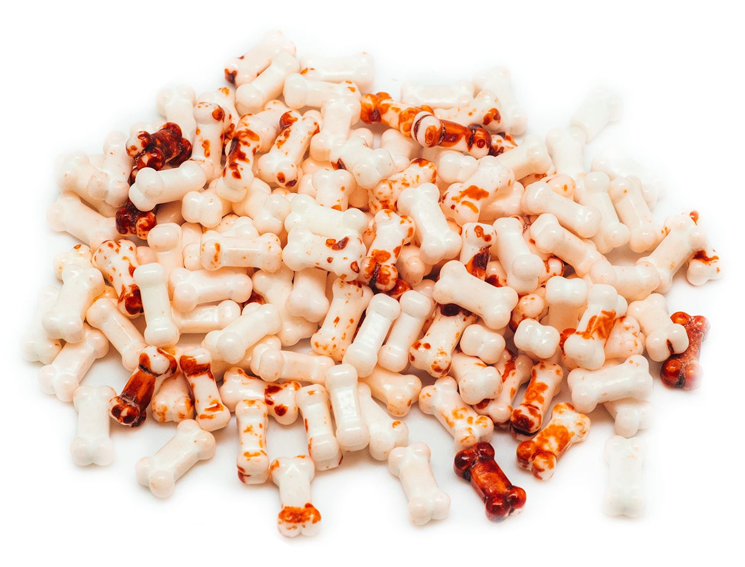 Bloody Bones Treat Toppers - 4 oz Resealable Stand Up Candy Bag - White Candy Bone Shaped Sprinkles w/Red Splashes - Halloween Themed Sprinkles for Holiday Desserts and Snacks