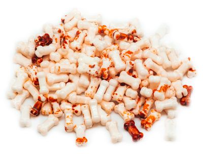 Bloody Bones Treat Toppers - 4 oz Resealable Stand Up Candy Bag - White Candy Bone Shaped Sprinkles w/Red Splashes - Halloween Themed Sprinkles for Holiday Desserts and Snacks