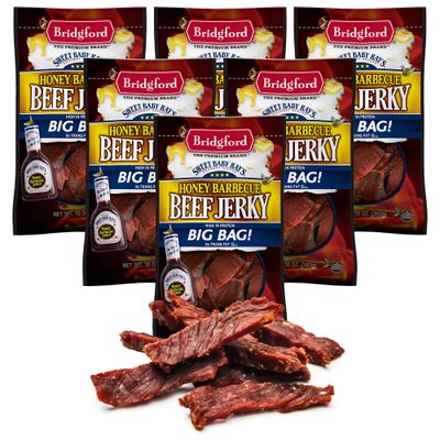 Bridgford Sweet Baby Rays Beef Jerky Honey BBQ 10 oz Pack of 6 - High Protein Jerky for Midday Energy Boost or Post Workout Snack - Naturally Smoked Ready to Eat Meat Snacks for On the Go Snacking