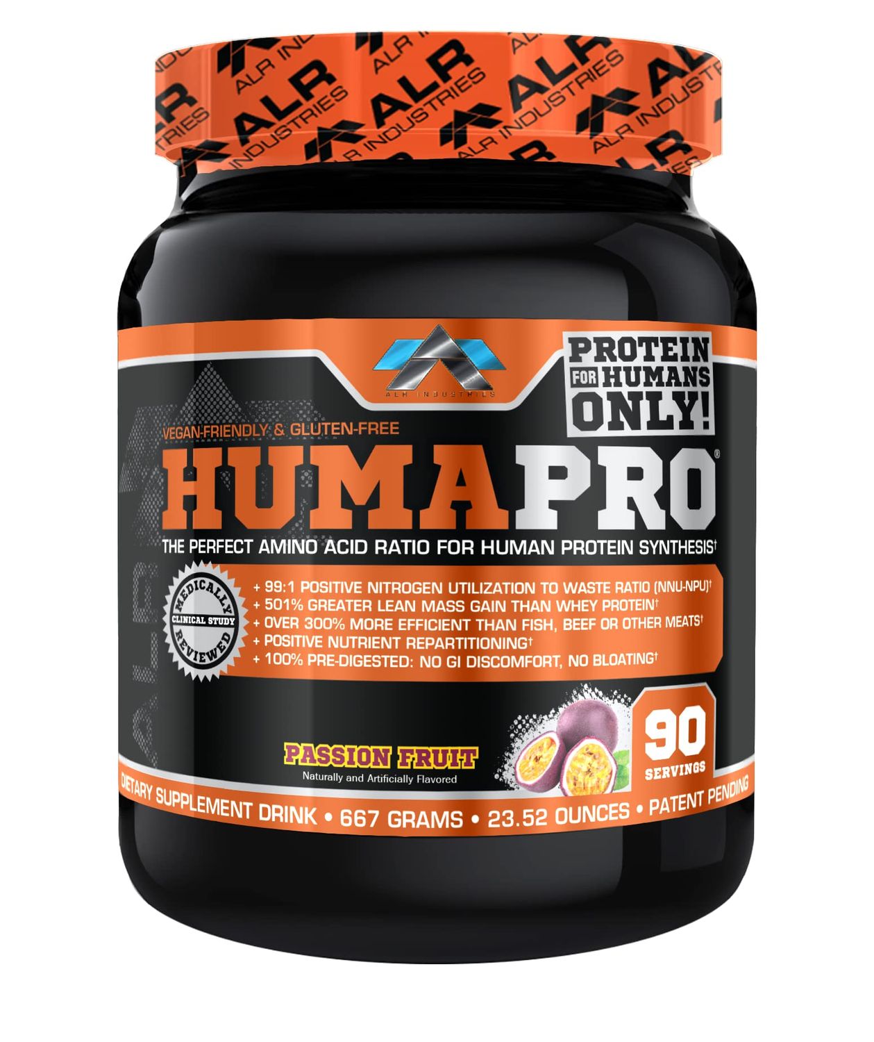 ALR Industries Humapro  Amino Acids Protein Matrix for Humans  99% Utilization for Lean Muscle  Vegan, Gluten Free  667g / 90 Servings (Passion Fruit)