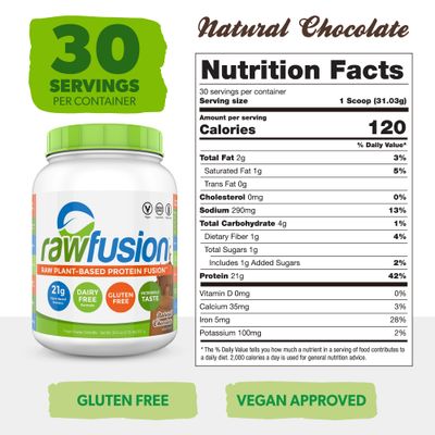Rawfusion- Vegan Protein Powder, Natural Chocolate - 30 Servings, 21g of Plant Based Protein, Low Net Carbs, Non-Dairy, Gluten/Lactose Free, Soy Free, Kosher, Non-GMO, 2lbs Pound