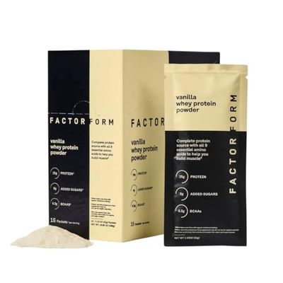 FACTOR FORM Whey Protein Powder  100% Whey Isolate  25g Protein &amp; 6.3g BCAAs  Low Carb &amp; Keto-Friendly  No Added Sugar  15 Packets  Vanilla Flavor