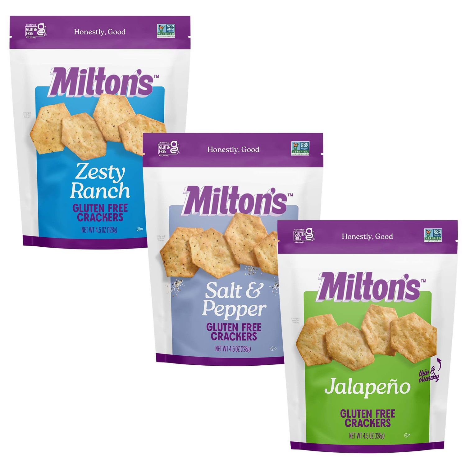 Miltons Gluten Free Crackers Variety Bundle (Zesty Ranch, Salt &amp; Pepper, Jalapeo) - Non-GMO Project Verified, Kosher, Certified Gluten Free Snack, Whole Grains In Every Bite - 4.5 Oz, Pack of 3