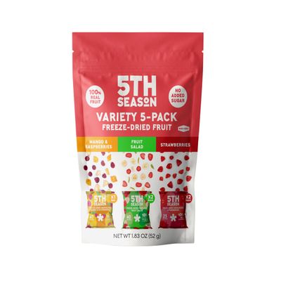 5th Season Freeze Dried Fruit Snacks Variety Pack - 100% 2 count Strawberries, 2 count Fruit Salad, 1 count Mango &amp; Raspberries (5 Pack, 80g each)