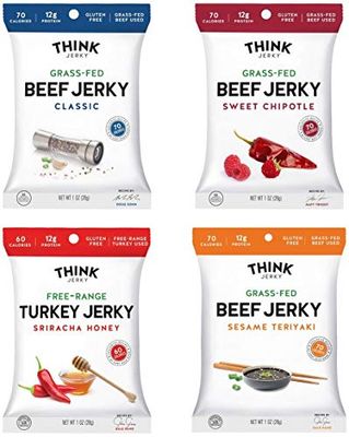 Think Jerky Beef and Turkey Jerky Variety Pack, Classic, Sweet Chipotle, Sriracha Honey, Sesame Teriyaki, Healthy Meat Snack, Low Calorie Low Fat - 1.0 oz Bags, 8 Pack, 2 of Each