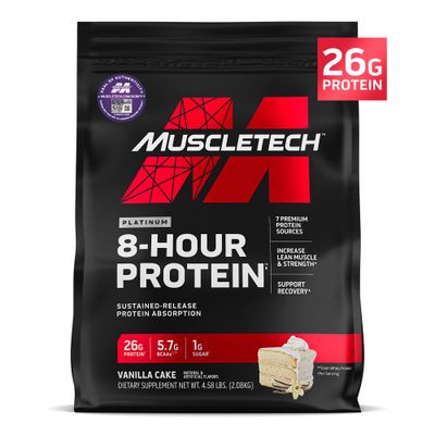 MuscleTech Platinum 8-Hour Protein Powder - 7 Premium Protein Sources with Whey &amp; Casein Protein for Increased Lean Muscle, Strength &amp; Improved Recovery - Vanilla Cake, 50 Servings
