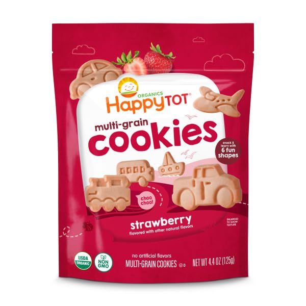 Happy Tot Organic Multi-Grain Cookies Toddler Snack, Fun Transportation Shapes, Strawberry, 4.4 Ounce (Pack of 5)