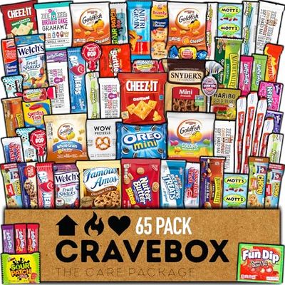 CRAVEBOX Snacks Box Variety Pack Care Package (65 Count) Easter Treats Gift Basket Adults Kids Grandkids Guys Girls Women Men Boyfriend Birthday Cookies Chips College Student Office School