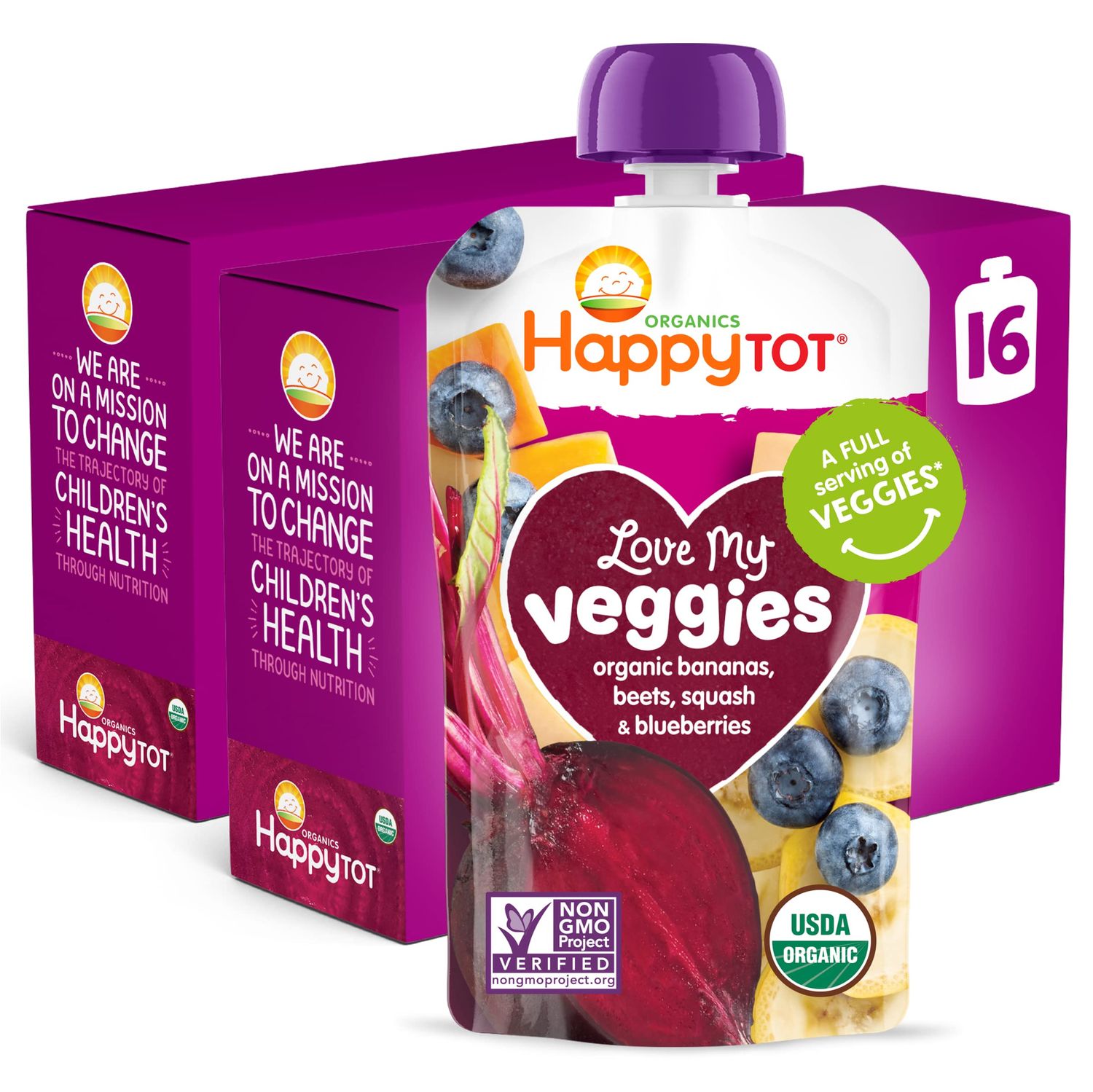 Happy Tot Organics Stage 4 Baby Food Pouches, Gluten Free, Vegan Snack, Love My Veggies, Fruit &amp; Veggie Puree, Banana, Beet, Squash &amp; Blueberry, 4.22 Ounce (Pack of 16)