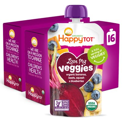 Happy Tot Organics Stage 4 Baby Food Pouches, Gluten Free, Vegan Snack, Love My Veggies, Fruit &amp; Veggie Puree, Banana, Beet, Squash &amp; Blueberry, 4.22 Ounce (Pack of 16)