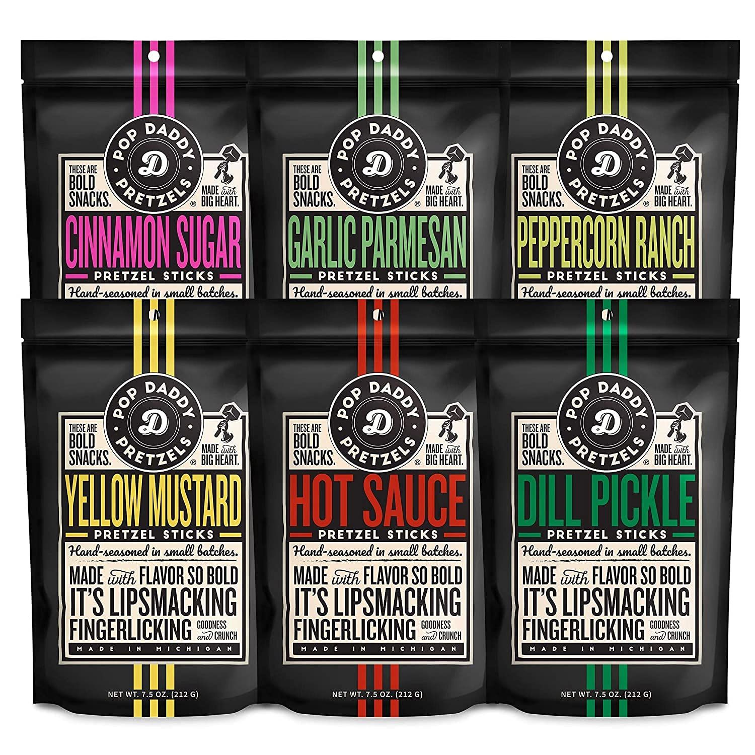 Pop Daddy Flavored Pretzels Sticks, Healthy Gourmet Pretzels, 7.5oz Variety Pack, 6 Pack, Garlic Parm, Cinnamon Sugar, Peppercorn Ranch, Hot Sauce, Dill Pickle, Yellow Mustard