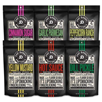 Pop Daddy Flavored Pretzels Sticks, Healthy Gourmet Pretzels, 7.5oz Variety Pack, 6 Pack, Garlic Parm, Cinnamon Sugar, Peppercorn Ranch, Hot Sauce, Dill Pickle, Yellow Mustard