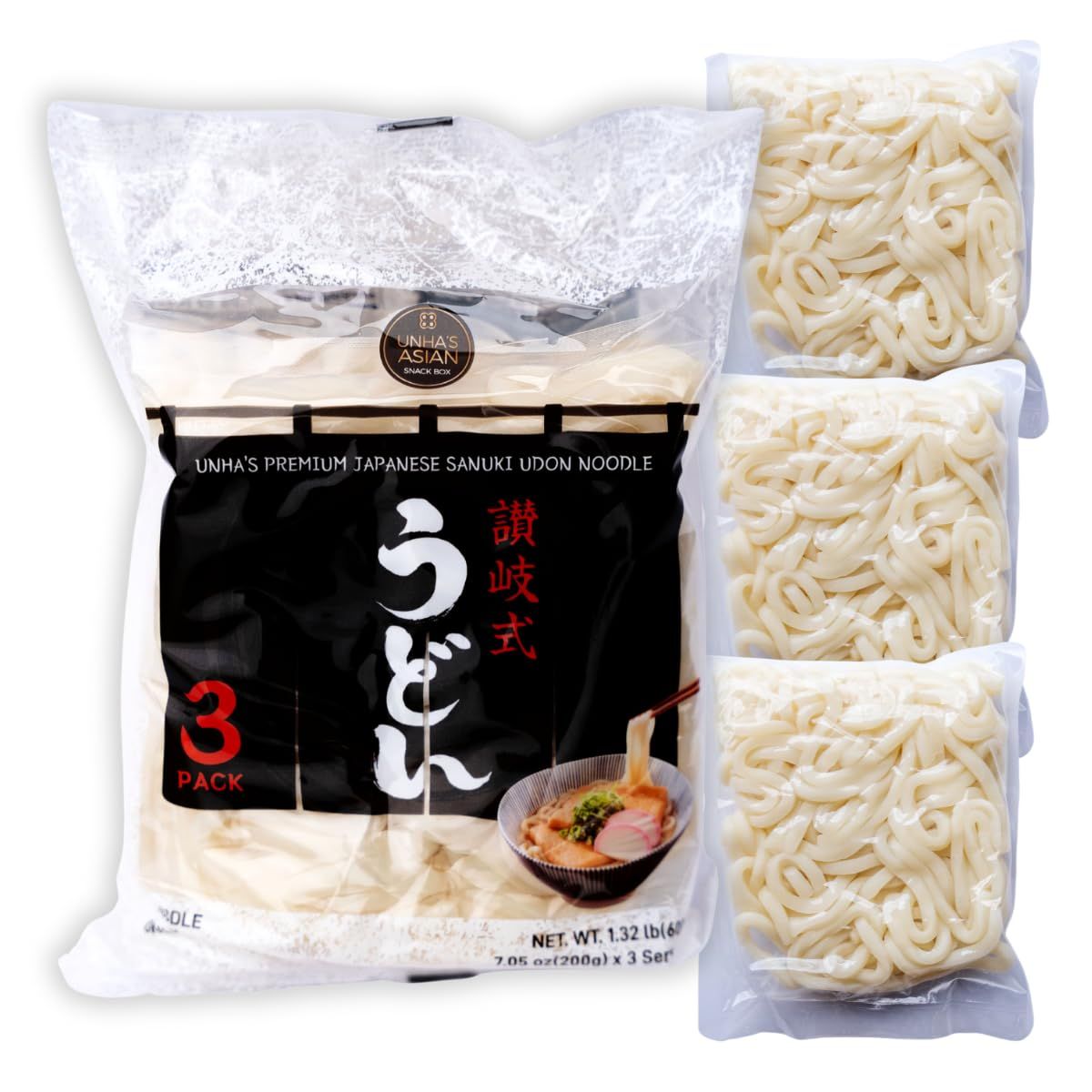 Unha&#39;s Japanese Sanuki Fresh Udon Noodles, Jumbo Style Chewy Noodles with No Soup, Quick and Easy, Individual Pack 22 OZ (200g/3Pack) (1 Pack)